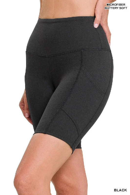 BLACK BRUSHED MICROFIBER WIDE WAISTBAND SHORT LEGGINGS w/ POCKETS Comfortable Yoga Tights Leggings