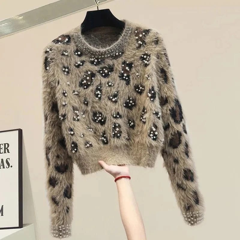 Leopard Pearls Vintage Mink Knit O-Neck Long Sleeve Pullover Women's Sweater Female Sweaters Tops Woman Clothing Fashion 2024 Cowl Neck Pullover Leopard Pearls Vintage Mink Knit O-Neck Long Sleeve Pullover Women's Sweater Female Sweaters Tops Woman Clothing Fashion 2024 Cowl Neck Pullover