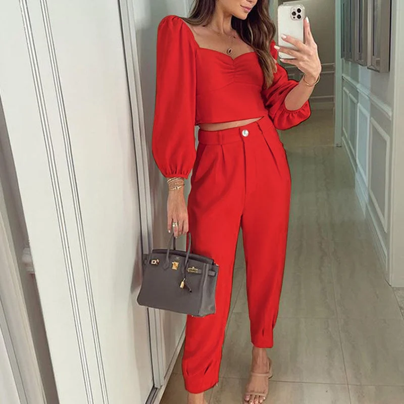 Fashion Matching Suit Temperament Pure Color Square Collar Long Sleeve Top High Waist Ankle-tied Trousers Two-piece Set Trousers stylish modern Fashion Matching Suit Temperament Pure Color Square Collar Long Sleeve Top High Waist Ankle-tied Trousers Two-piece Set Trousers stylish modern