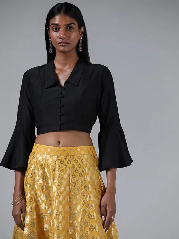 Vark Solid Black Button Down Crop Top Zippered Front Buttoned Front Snap Front