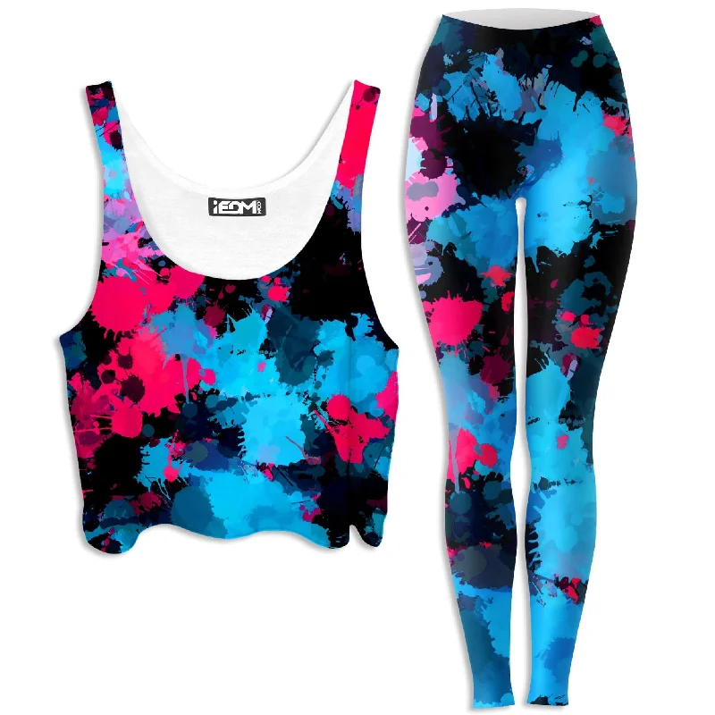Pink and Blue Paint Splatter Crop Top and Leggings Combo Collared Crew Neck Turtle Neck Pink and Blue Paint Splatter Crop Top and Leggings Combo Collared Crew Neck Turtle Neck