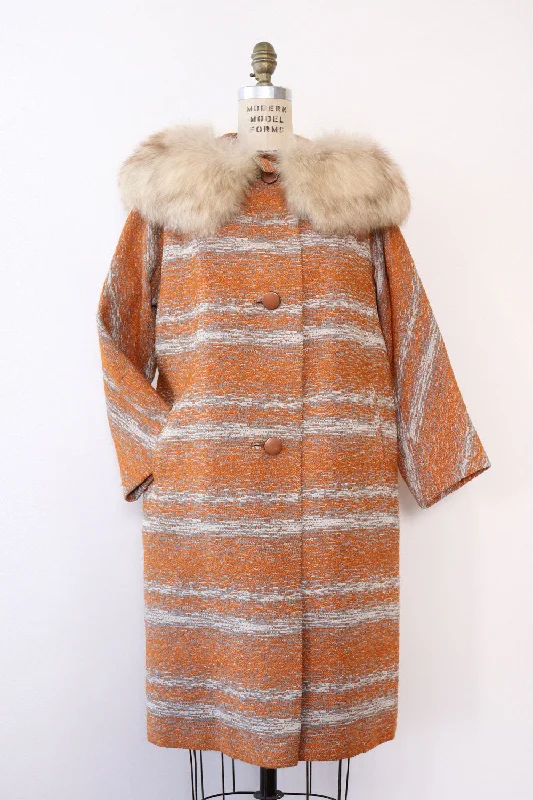 Clementine Brocade Fox Fur Collar Coat M/L Trim Padded Insulated