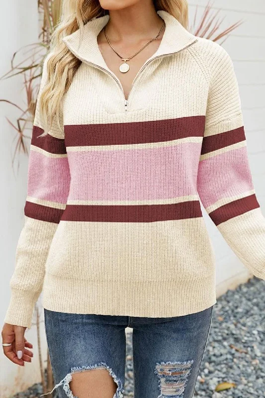 WOMEN COLOR BLOCK HALF ZIP UP PULLOVER Bishop Sleeve Elegant