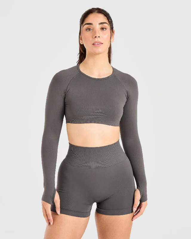 Power Seamless Long Sleeve Crop Top - Charcoal Solid Color Striped Floral