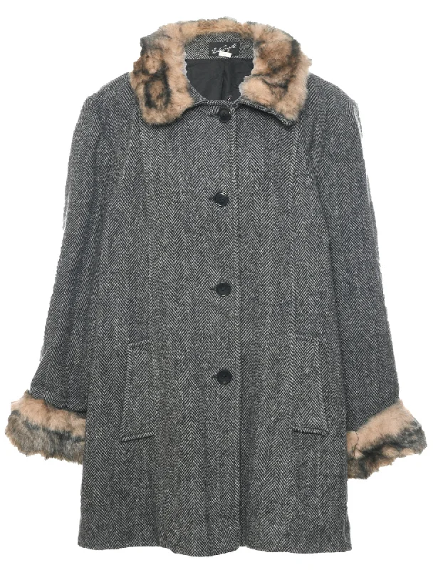 Herringbone Tweed Wool Coat - L Rayon Velvet Corduroy