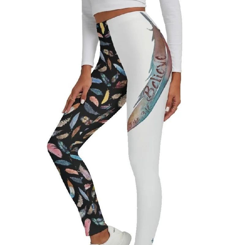 BELIEVE John 3:16 Feather Print Skinny Fleece Leggings Comfortable Athletic Tights