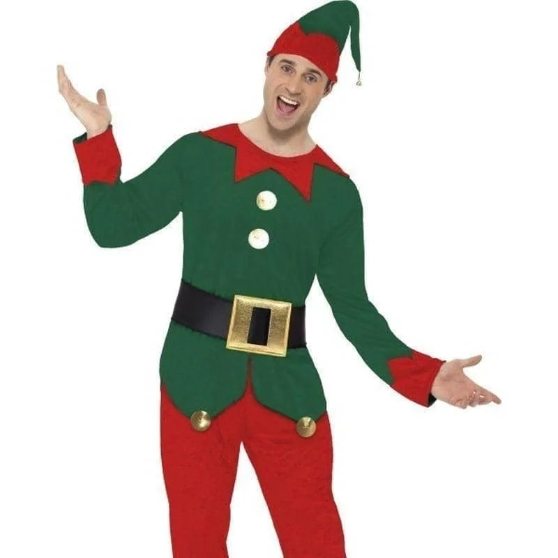 Elf Costume, Red And Green Top Trousers Hat Belt Trousers Striped Patterned