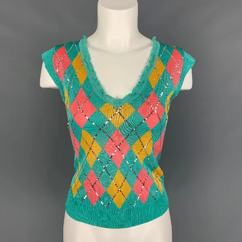Iisli Size S Turquoise, Yellow & Orange Argyle Rayon Sleeveless Pullover Oversized Cozy Pullover Iisli Size S Turquoise, Yellow & Orange Argyle Rayon Sleeveless Pullover Oversized Cozy Pullover