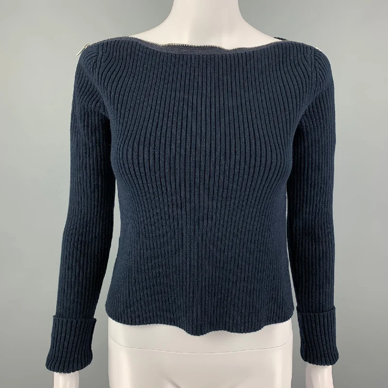 ALEXANDER WANG Size XS Navy Cotton Blend Ribbed Pullover Boxy Neck Sweater