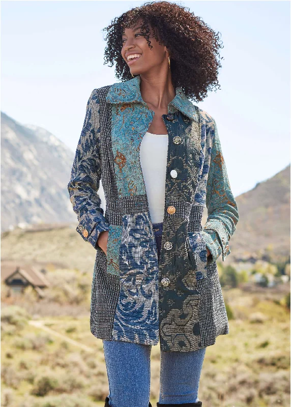 Mixed Print Coat - Multi Shawl Collar Notch Collar Lapel Collar