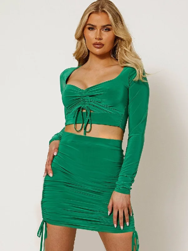 Slinky Cut Out Ruched Green Crop Top & Skirt Co-ord 0602 Chenille Blend Fleece Blend Nylon Blend