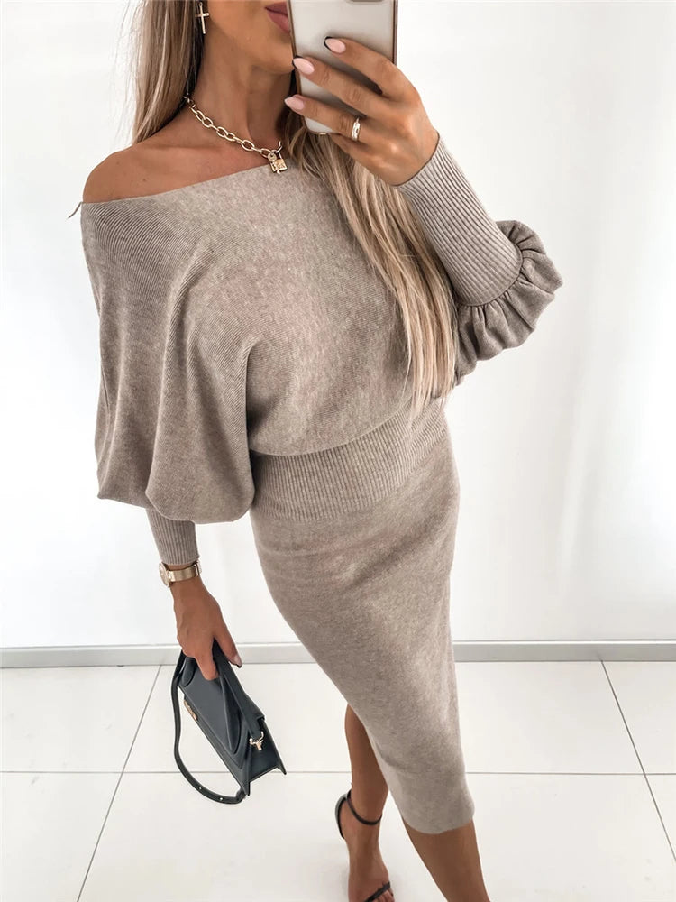 Evening wear Dresses: Women Knitted Party Midi Dress Solid Office Lady Pullover Fine Merino Wool