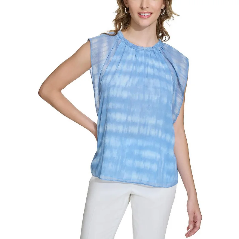 Calvin Klein Womens Ruffled Neck Workwear Pullover Top Cold Shoulder Design