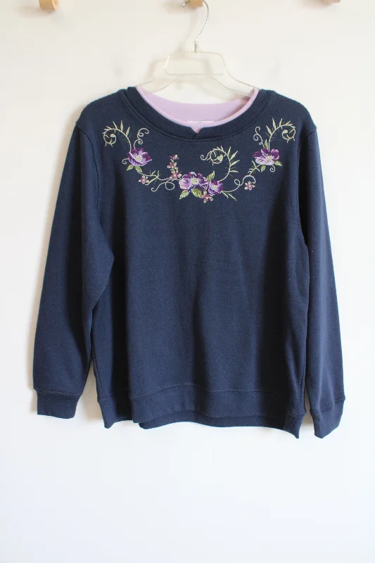 Country Store Vintage Blue Embroidered Floral Sweatshirt | M Hoodie with Batwing Sleeves Loose Dramatic