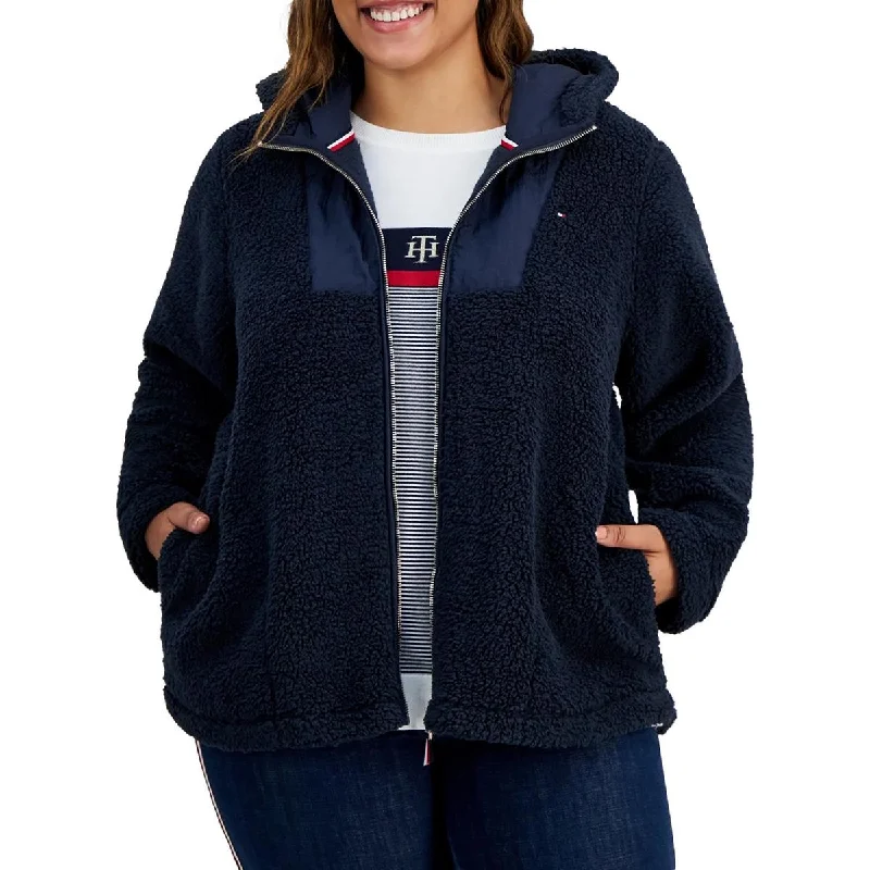 Tommy Hilfiger Womens Plus Hooded Sherpa Teddy Coat Boat Shawl Notched