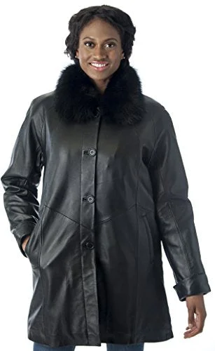 REED Women's Imported Lamb Leather Swing Coat with Real Fox Fur Collar Stand-Up Roll-Neck Turtle