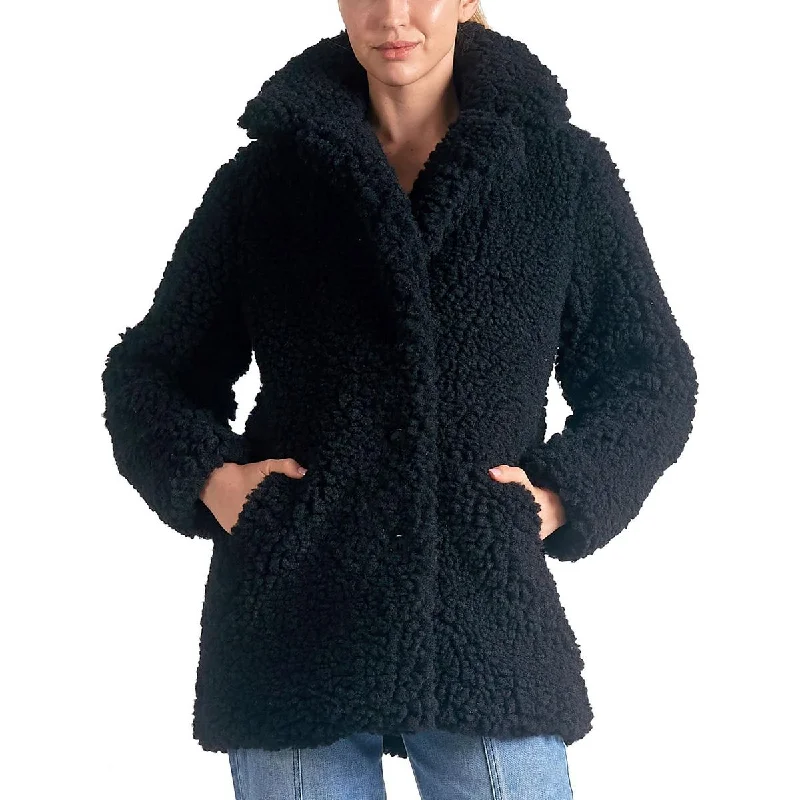 Elan Womens Collar Faux Fur Faux Fur Coat Tie-Waist Belted Drawstring