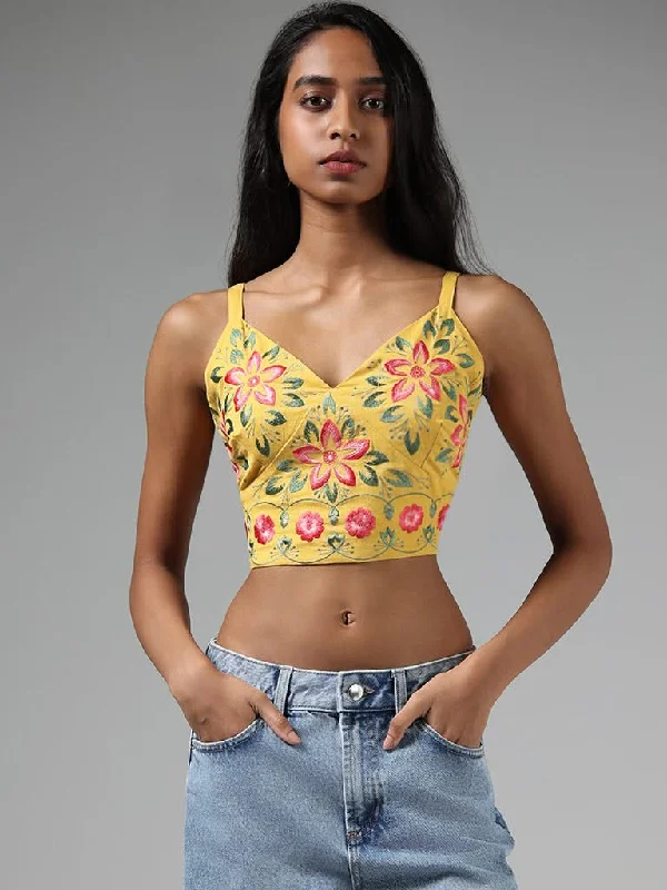 Bombay Paisley Mustard Yellow Floral Embroidered Blended Linen Crop Top Terry Blend Velvet Blend Canvas Blend Bombay Paisley Mustard Yellow Floral Embroidered Blended Linen Crop Top Terry Blend Velvet Blend Canvas Blend