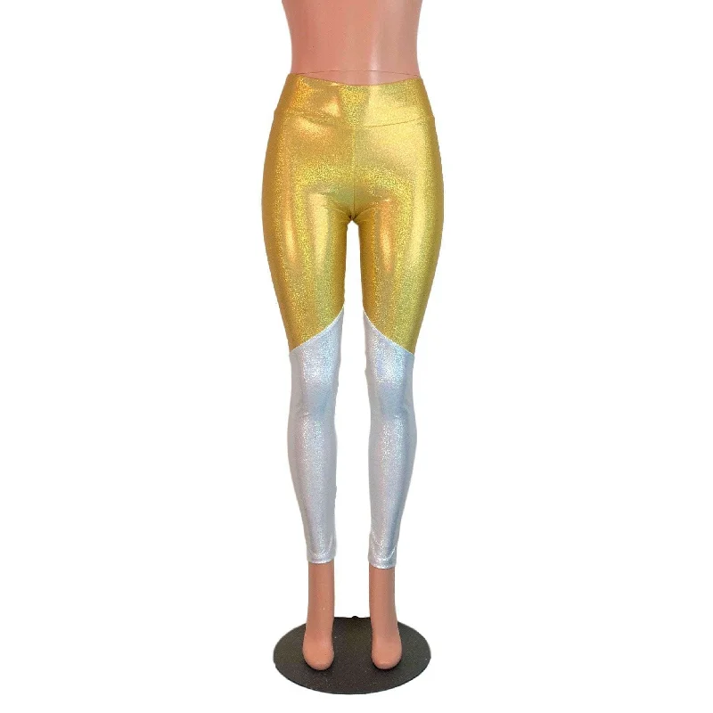 Gold and White Holographic Mystique *Mid-Rise* Leggings Pants Elegant Full-Body Leggings Gold and White Holographic Mystique *Mid-Rise* Leggings Pants Elegant Full-Body Leggings