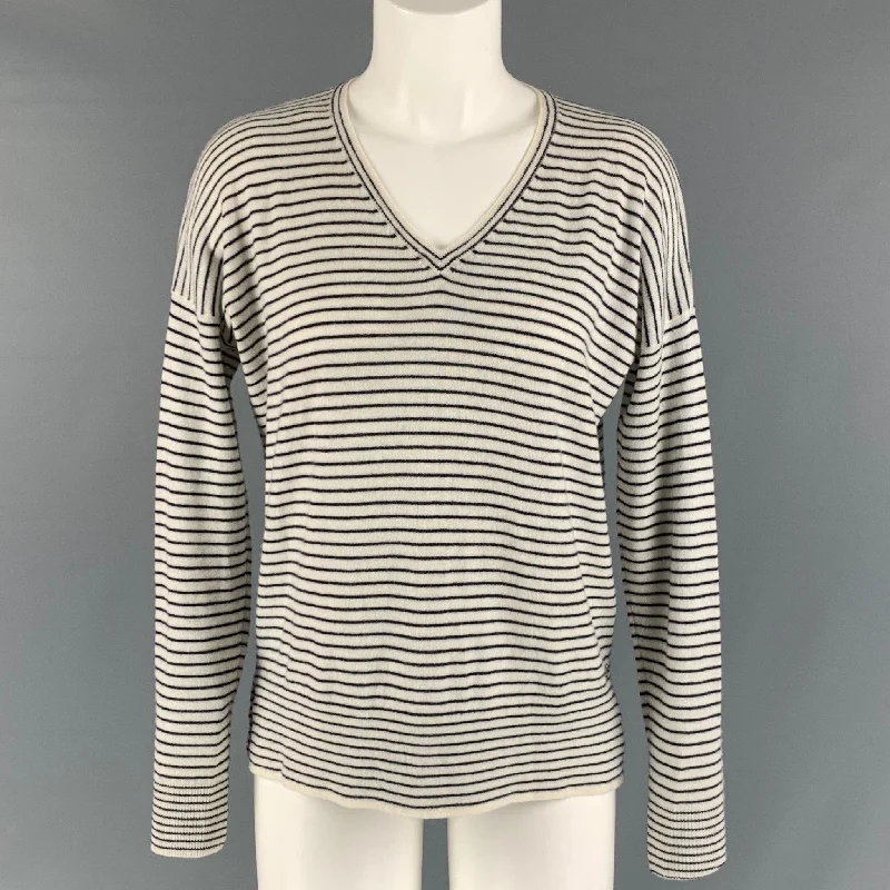LORO PIANA Size S White Black Cashmere Stripe V-Neck Pullover Boxy Neck Sweater