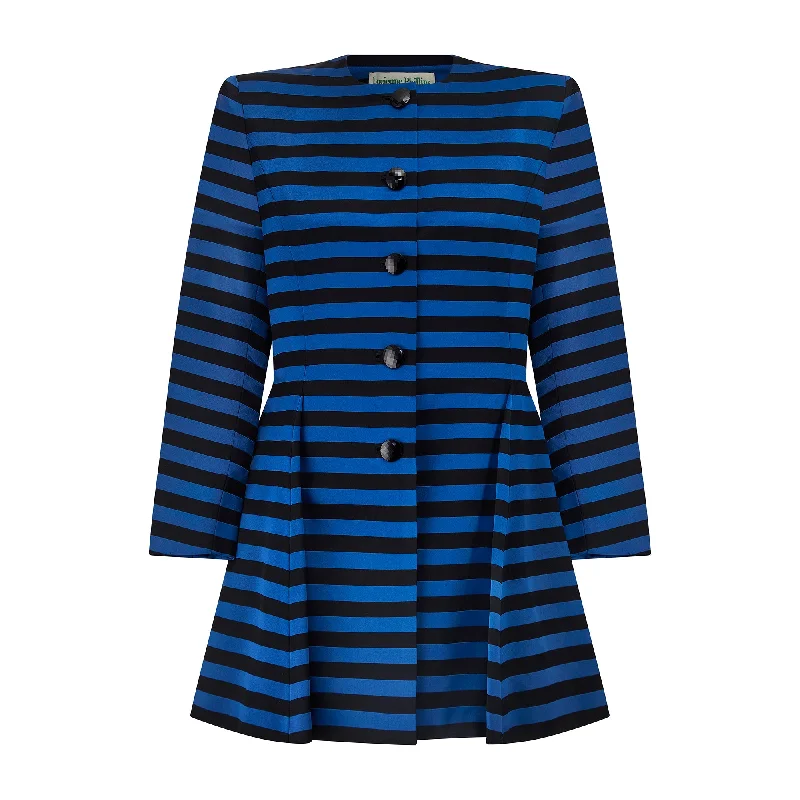 1980s Victor Edelstein Black and Blue Silk Striped Dress Coat Coat Overcoat Trench Coat