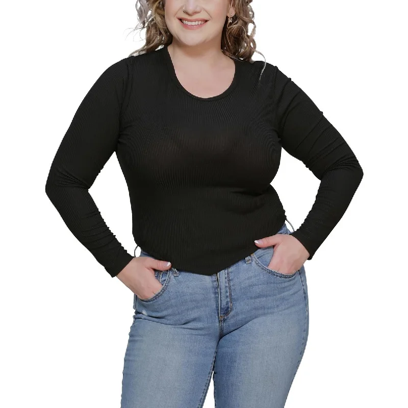 Just Polly Womens Juniors Crewneck Ribbed Pullover Top Jewel Neck Pullover