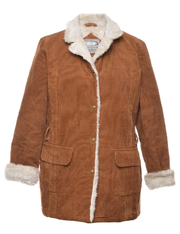 Corduroy Faux Fur Trim Brown Coat - L Cotton Linen Terry