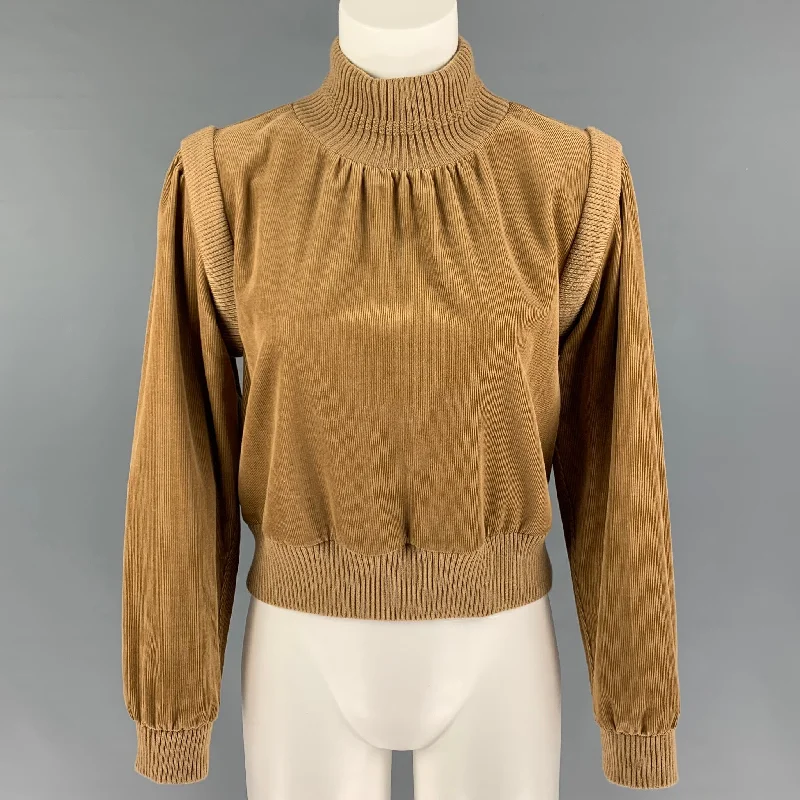SAINT LAURENT Size 2 Tan Cotton Ribbed Turtleneck Pullover Faux Fur Trim