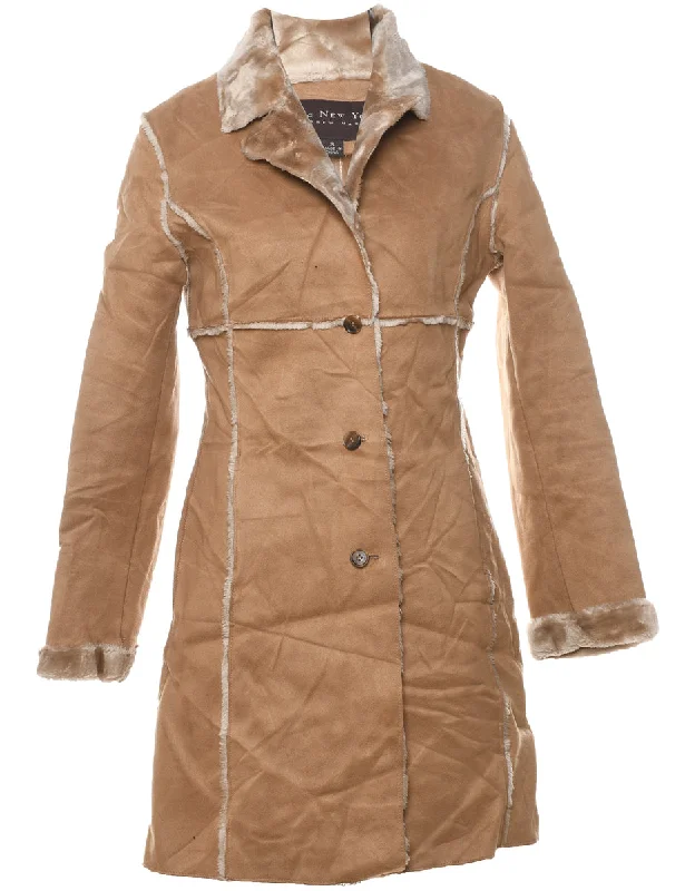 Light Brown Faux Fur Lined Shearling Coat - S Embroidered Appliqued Beaded