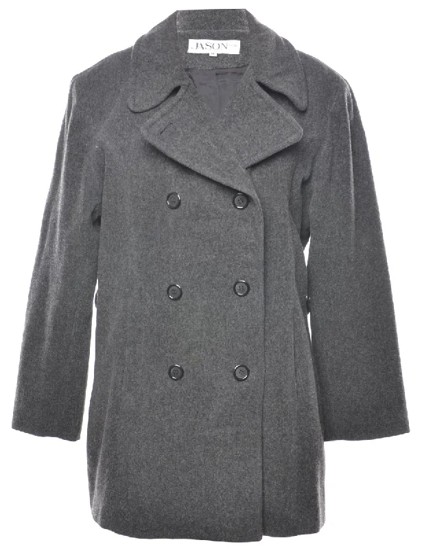 Dark Grey Double Breasted Wool Coat - M Elasticated Drawstring Belted