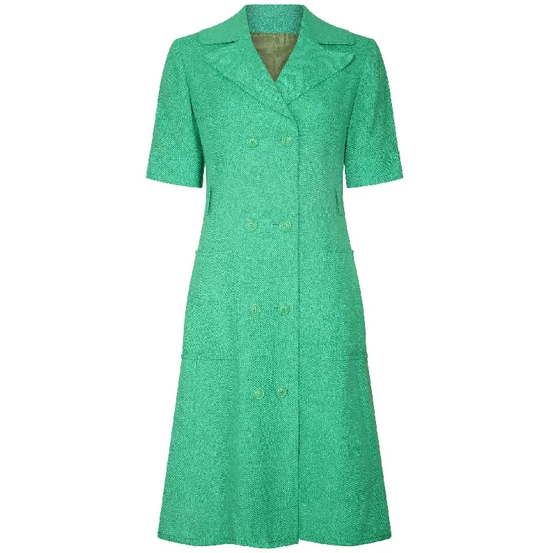 1970s Ted Lapidus Green Linen Coat Dress Jersey Tulle Batik