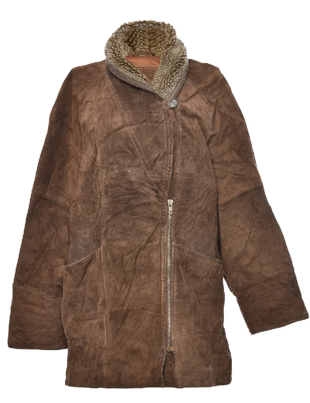 Shearling Lined Dark Brown Coat - L Asymmetrical Diagonal princess