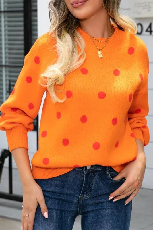RIBBED NECK POLKADOT PRINTING PULLOVER SWEATER Sarouel Sleeve Pullover