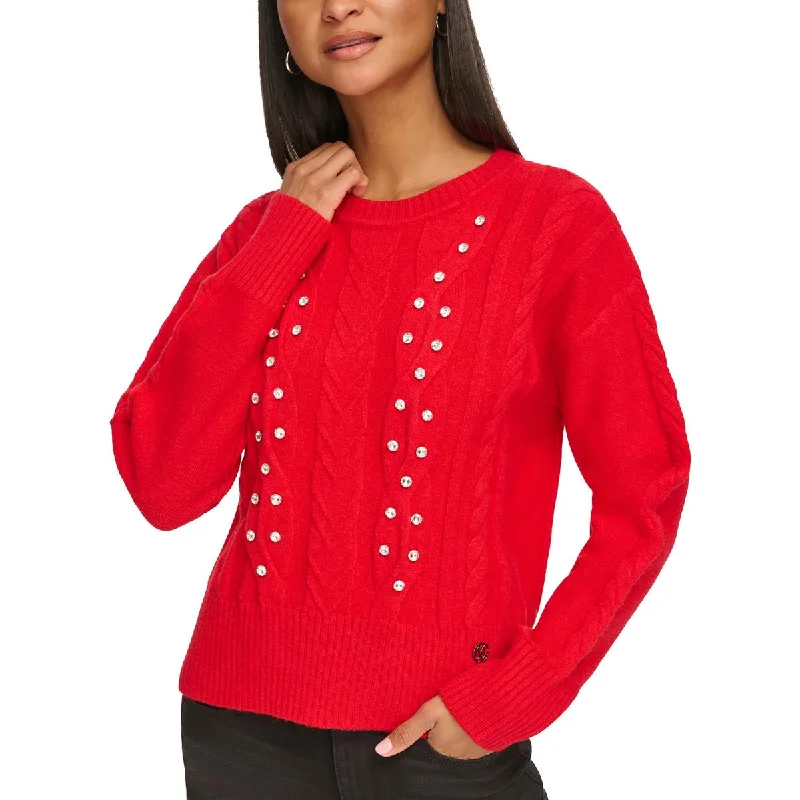 Karl Lagerfeld Paris Womens Embellished Cable Knit Pullover Sweater Boxy Neck Sweater
