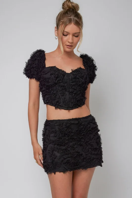 Cielito Embellished Crop Top Black Real Fur Shearling Chenille