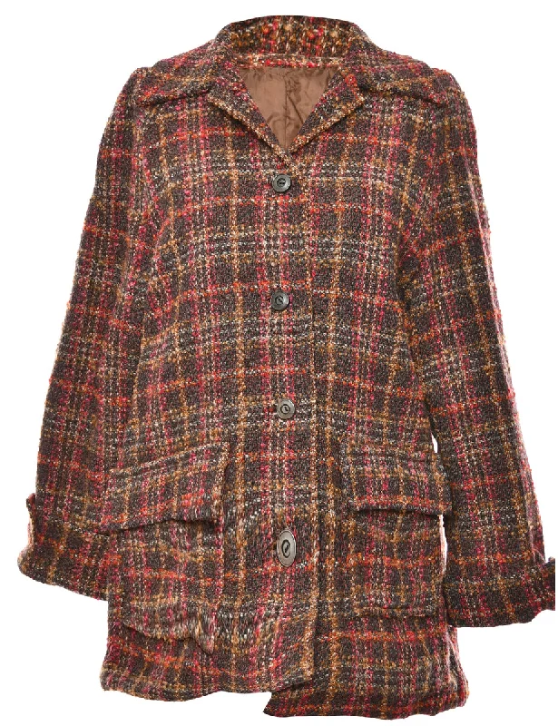 Checked Brown Wool Coat - M Trench Wool Cashmere