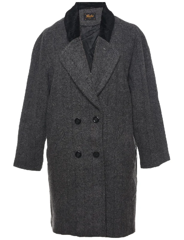 Herringbone Tweed Wool Coat - L Nylon Polyester Spandex
