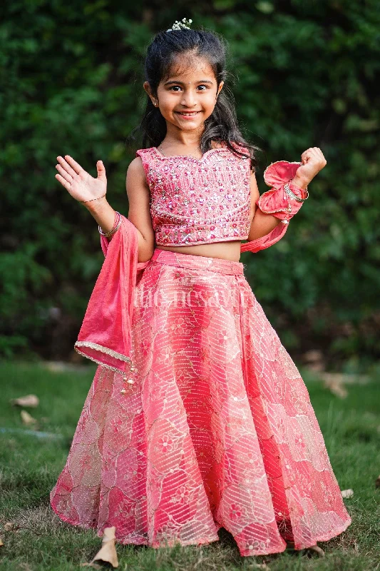 Striking Red Girls Lehenga Choli Set with Mirror-Work Crop Top and Floral Skirt Machine Wash Dry Clean Hand Wash Striking Red Girls Lehenga Choli Set with Mirror-Work Crop Top and Floral Skirt Machine Wash Dry Clean Hand Wash