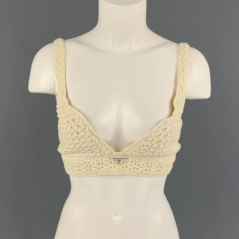 PRADA Size S Beige Cotton Crochet Crop Top Sequined Glittery Shiny