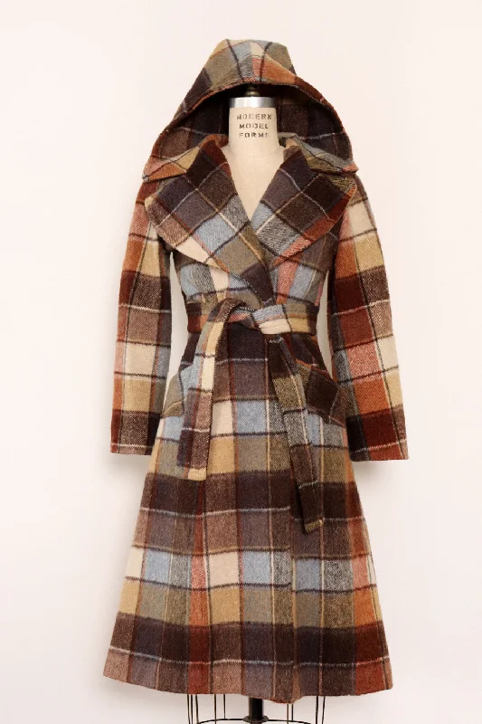 Earthen Plaid Hooded Coat XS/S Bodycon Sheath Shift