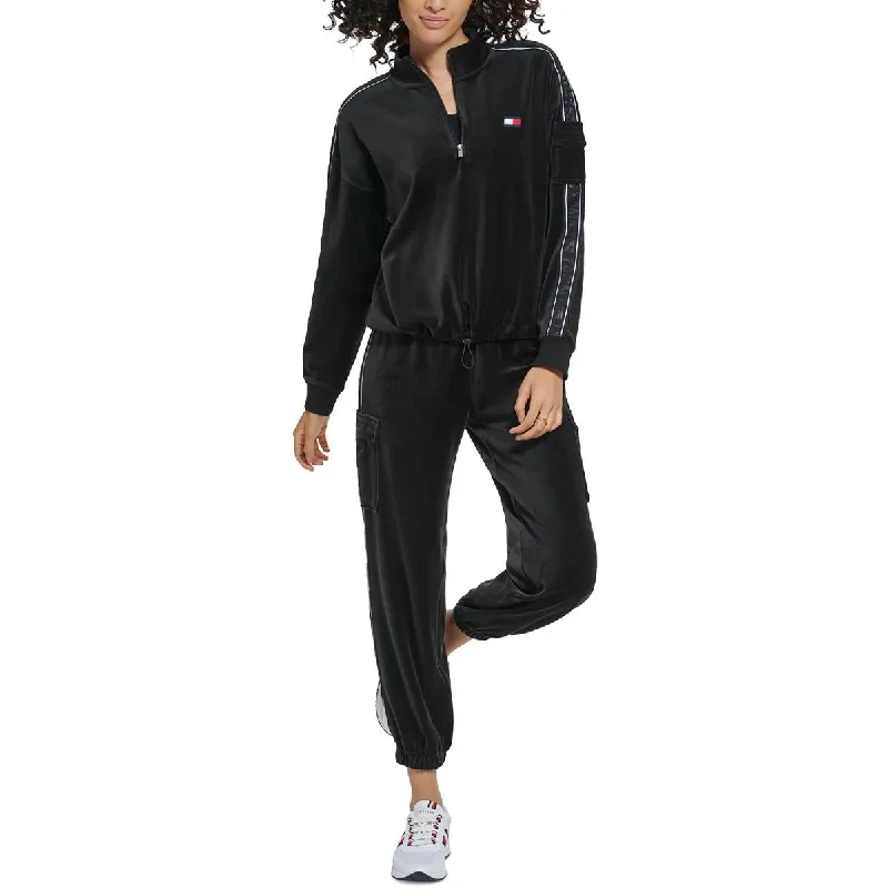 Tommy Hilfiger Sport Womens Velour Sweatshirt 3/4 Zip Pullover Textured Knit Design