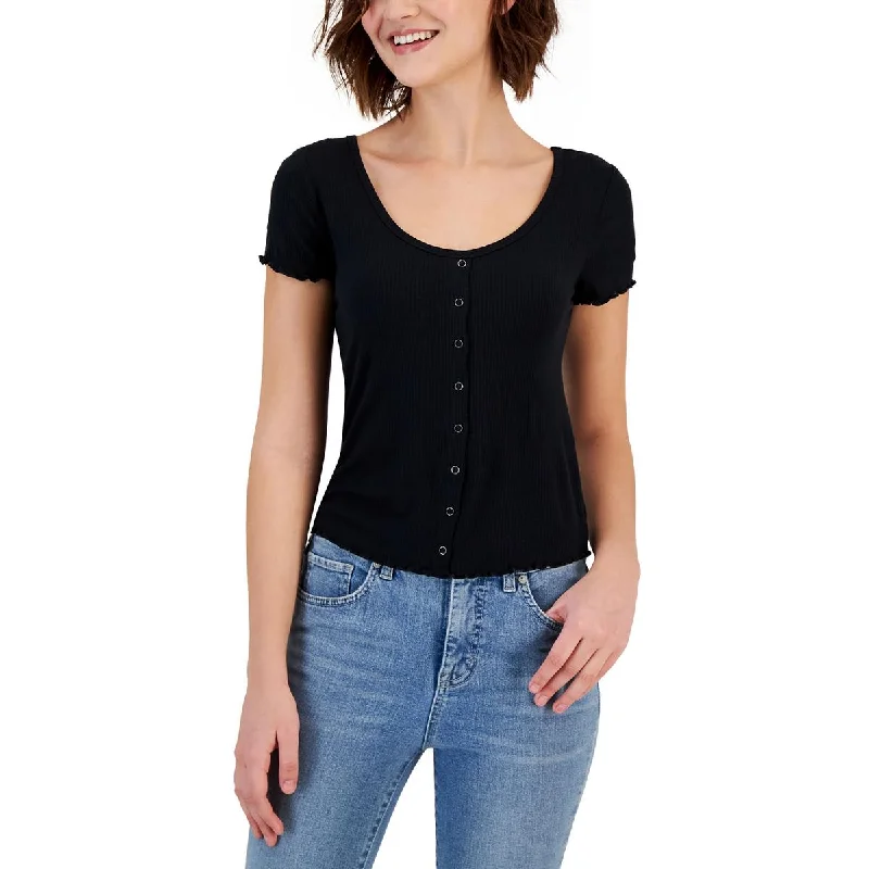 Hippie Rose Womens Button down Ruffle Pullover Top Tapered Sleeve Pullover