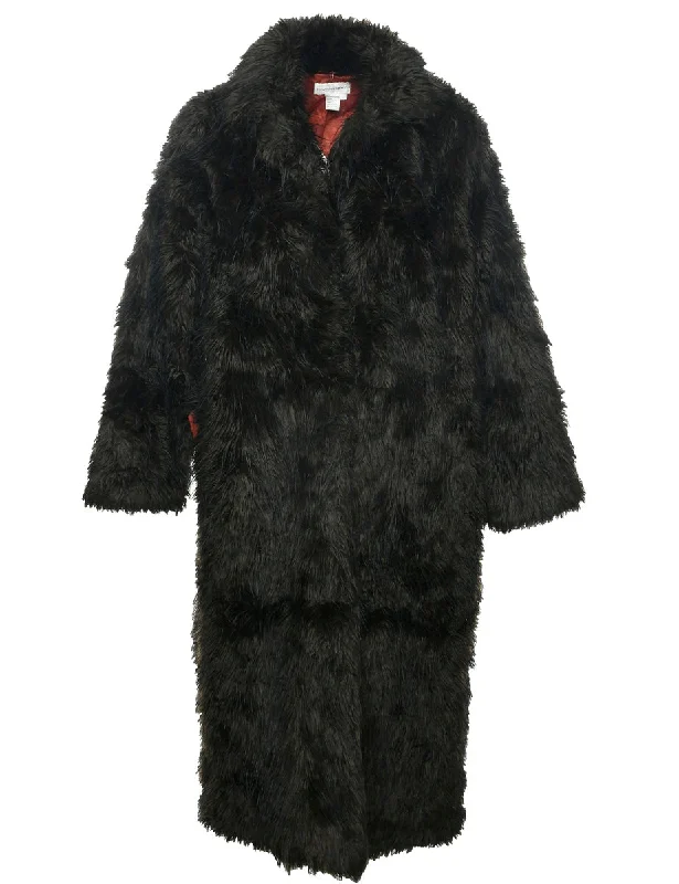 Dark Brown Faux Fur Coat - L Mesh Canvas Denim