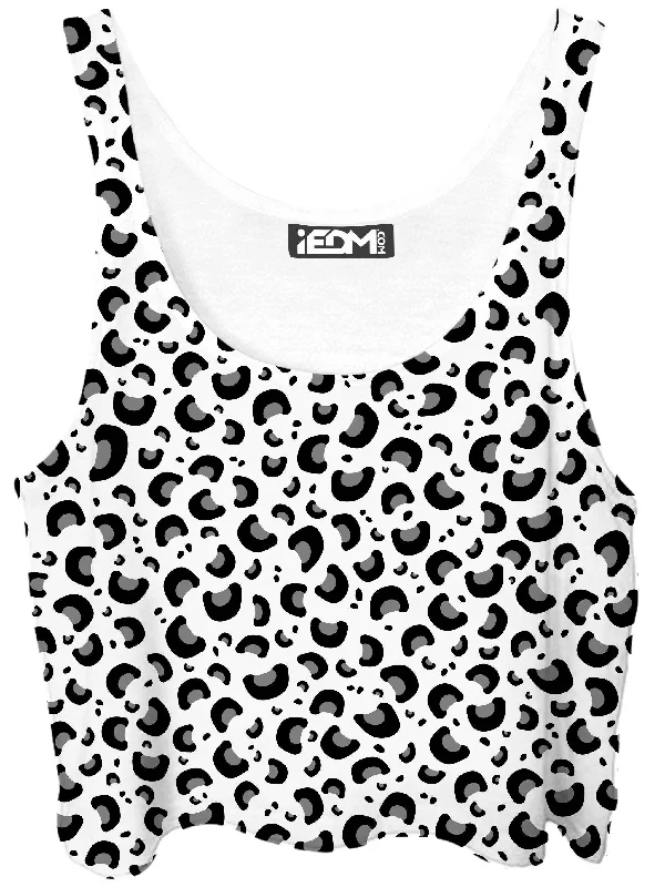 Snow Leopard Print Crop Top Denim Fabric Leather Fabric Suede Fabric