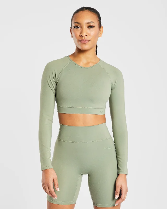 Staple Long Sleeve Crop Top - Olive Green Iron Safe Non-Iron Wrinkle Free