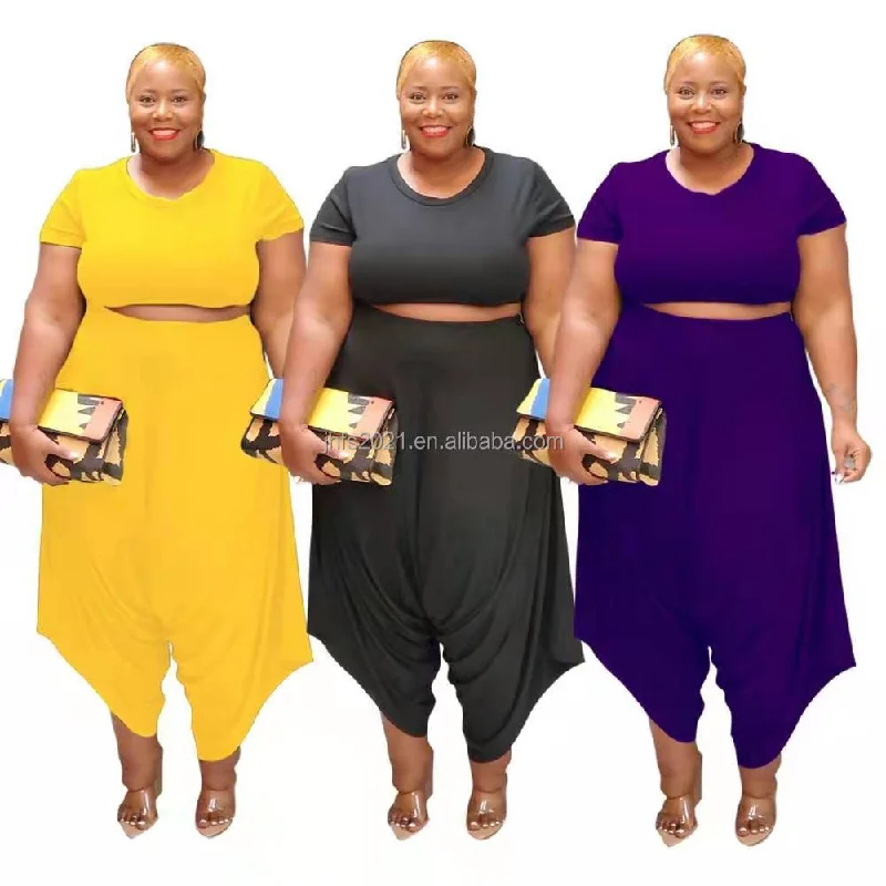 J&H fashion 5XL plus size two piece pants set short sleeve crop top women's herman pants set casual loose lounge wear Machine Wash Dry Clean Hand Wash