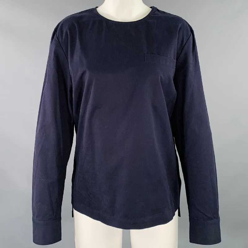 PROPER GANG Size S Navy Cotton Pullover Blouse Lantern Sleeve Elegant