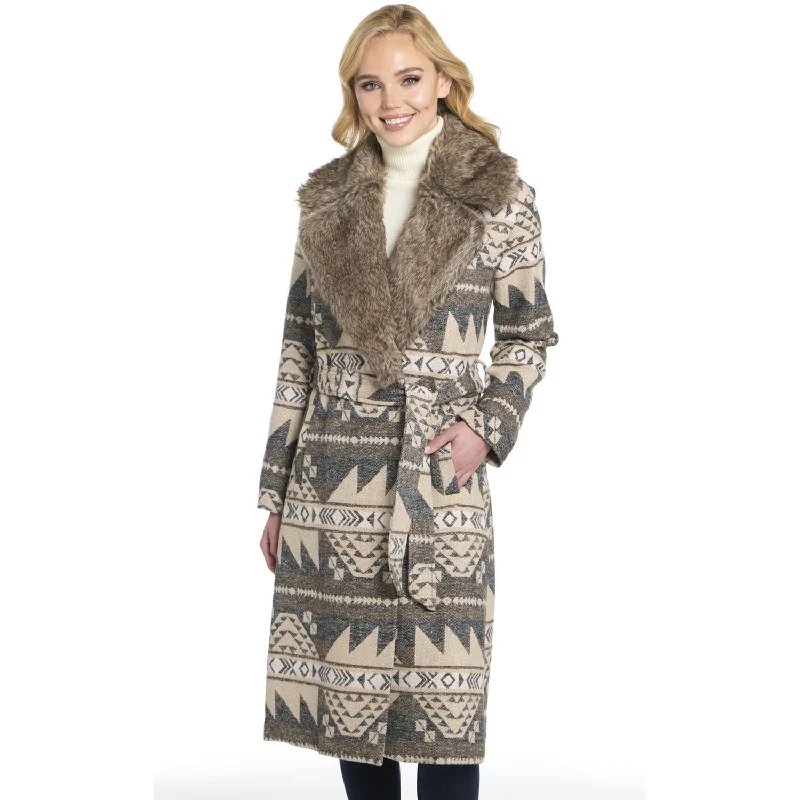 Cripple Creek Womens Belted Navajo Blanket Snap Wood Ash Polyester Duster Coat Knit Woven Fleece