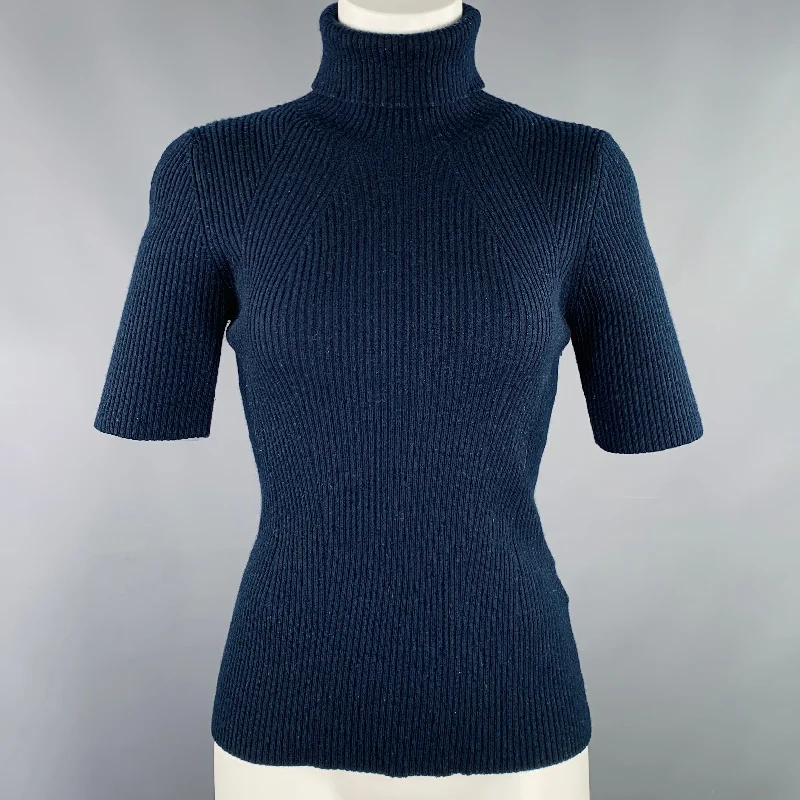 3.1 PHILLIP LIM Size M Navy Wool Blend Ribbed Pullover Short Puff Sleeve