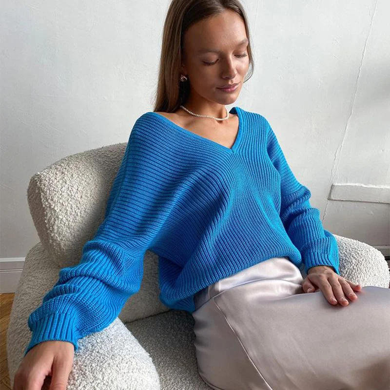 Women Fashion Solid Color Thickened Long-Sleeved Loose Lazy Style V-Neck Pullover Knitted Sweater Jewel Neck Pullover Women Fashion Solid Color Thickened Long-Sleeved Loose Lazy Style V-Neck Pullover Knitted Sweater Jewel Neck Pullover